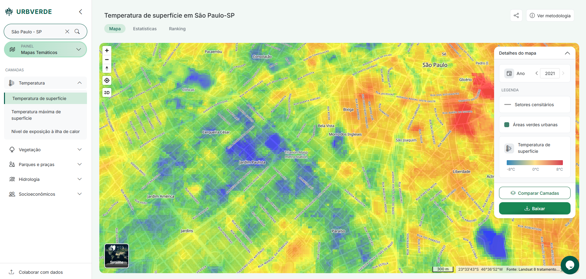 Interface do projeto UrbVerde, que mostra a cidade de São Paulo com temperatura de superfície terrestre